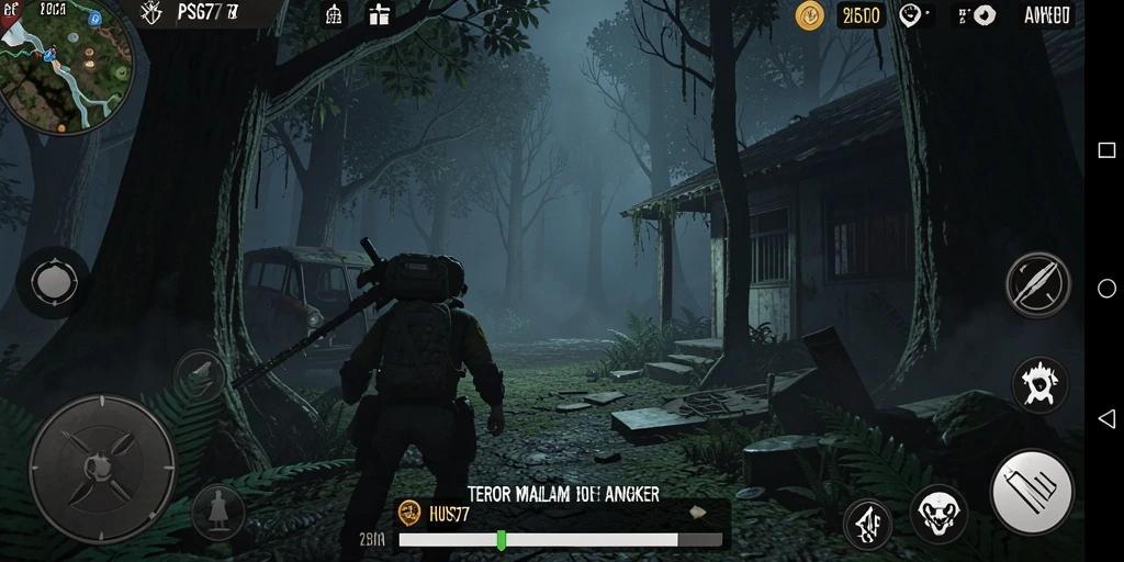 Screenshot menampilkan aksi mendebarkan dalam suasana hutan horor.