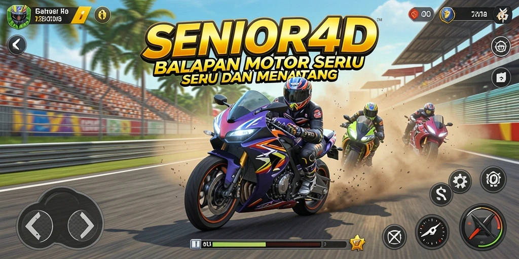 Screenshot utama SENIOR4D menampilkan aksi balapan motor yang intens.